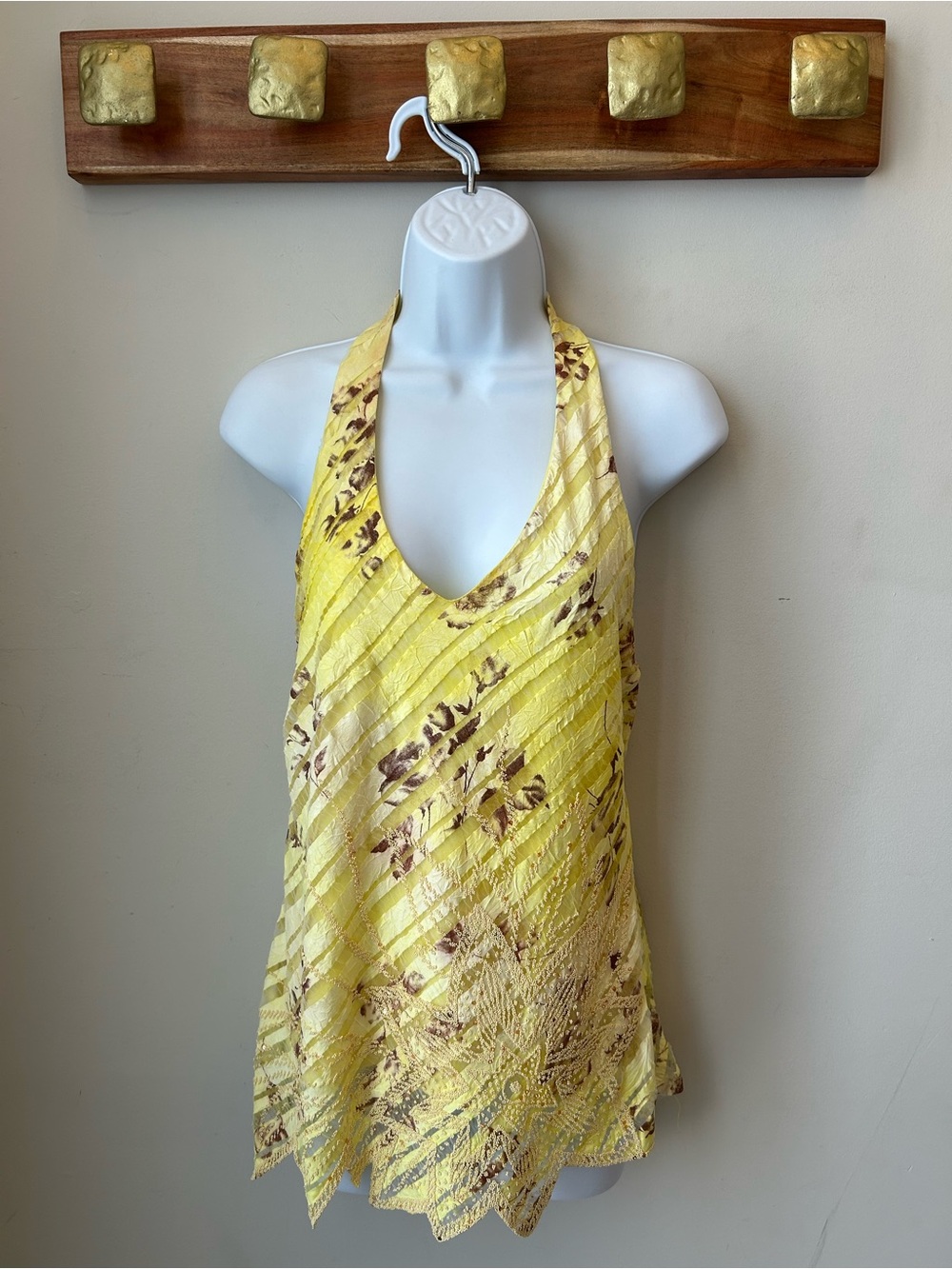Vintage Y2K Yellow Sheer Crinkle Mesh Floral Halter Top with beading - Size L